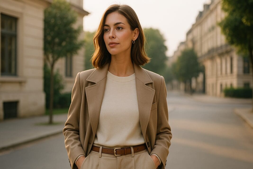A young woman in a beige trench coat stands confidently in a sunlit urban street during early morning light. The soft natural glow highlights her elegant outfit, embodying modern chic style and refined fashion trends in a casual outdoor setting.