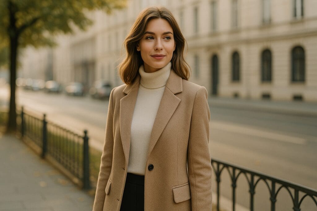 A young woman in a beige wool coat and white turtleneck walks confidently along a quiet city street, bathed in soft natural morning light. The classical buildings and warm tones enhance her stylish outfit, reflecting the essence of chic fashion and everyday sophistication.