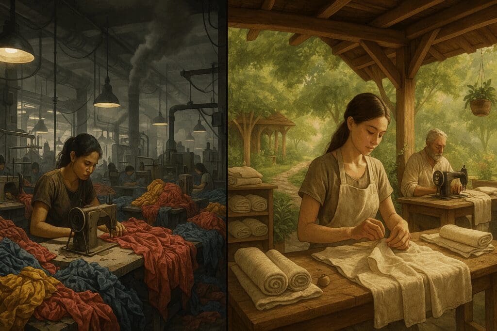 Split-screen showing a fast fashion factory and a peaceful artisan workshop, symbolizing the values behind affordable non fast fashion brands.