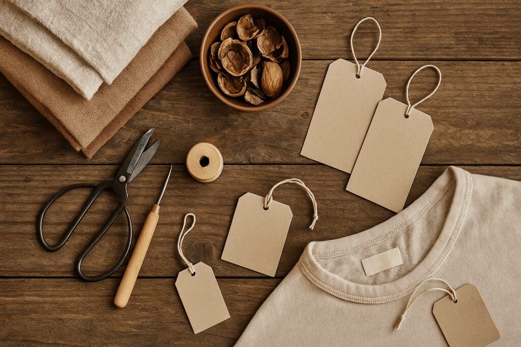 Flat lay of sustainable clothing materials and tools used by affordable non fast fashion brands, arranged on a rustic wooden table.
