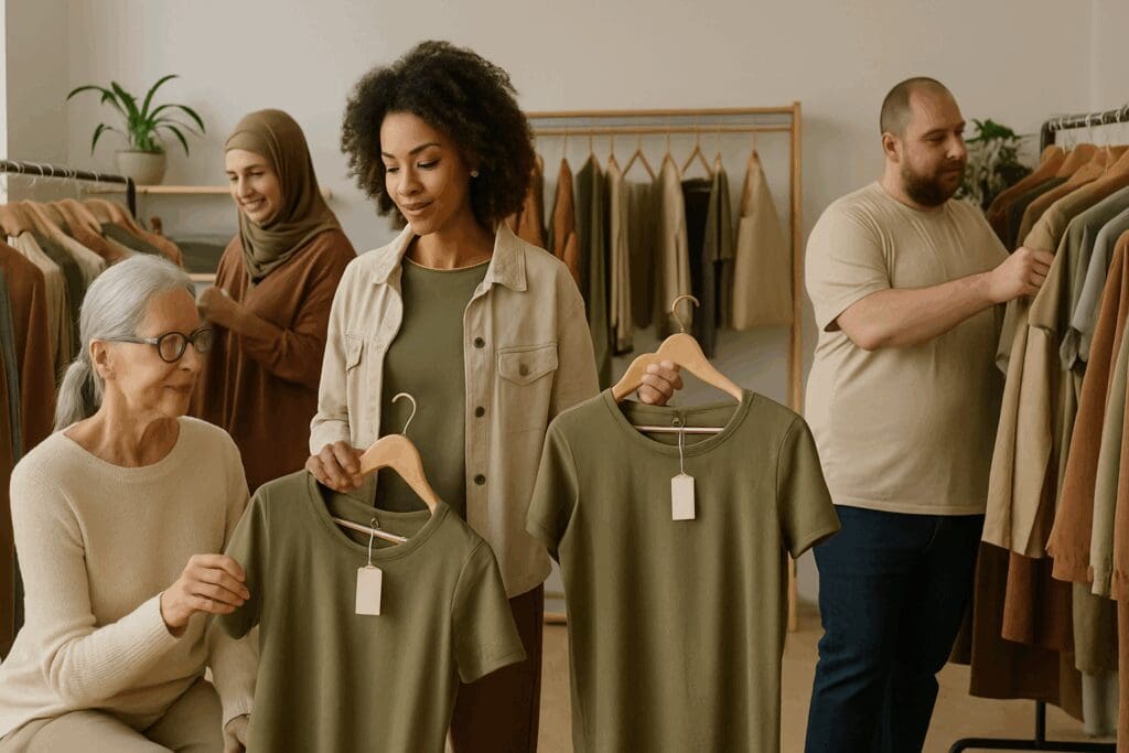 Diverse group of people shopping at a minimalist boutique showcasing affordable non fast fashion brands in earth-toned clothing.