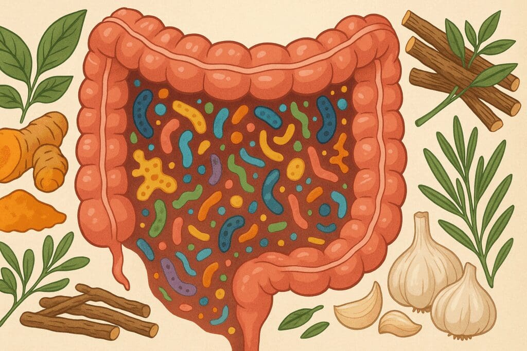 Artistic cross-section of a human gut filled with colorful bacteria, surrounded by natural herbs for weight loss like turmeric, garlic, licorice root, and slippery elm.