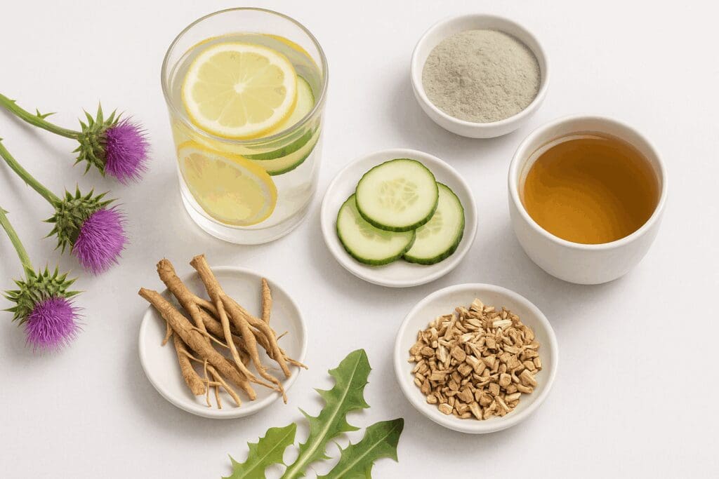 Detox scene with natural herbs for weight loss, including milk thistle, dandelion root, burdock tea, lemon water, and cucumber slices on a clean white background.