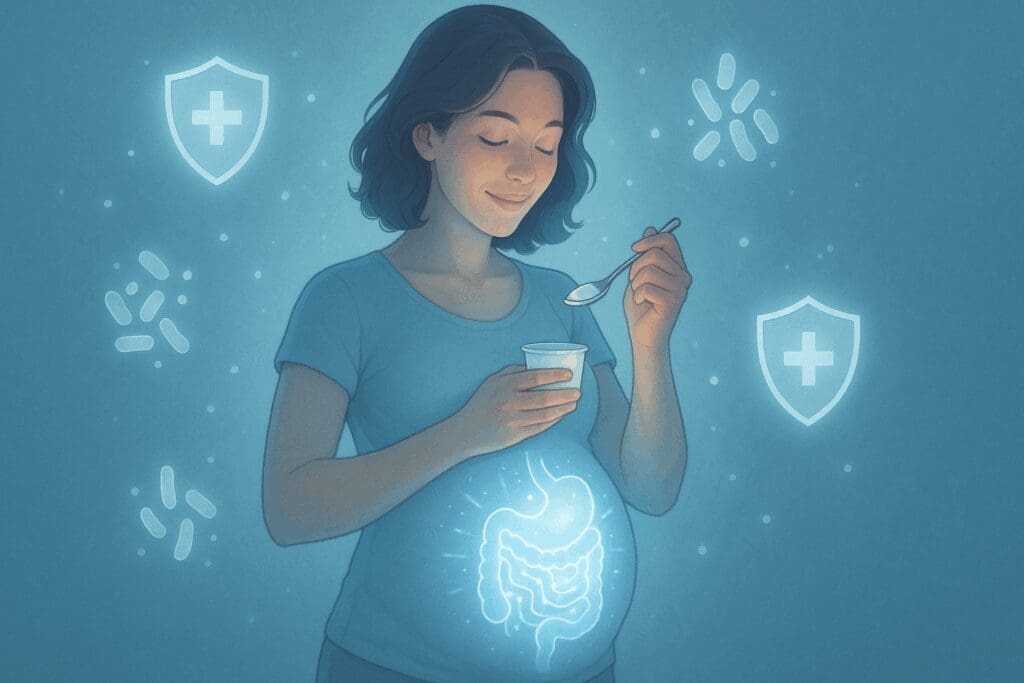 Healthy pregnant woman eating yogurt for pregnant women, surrounded by glowing immune symbols and digestive health icons in a cool-toned setting