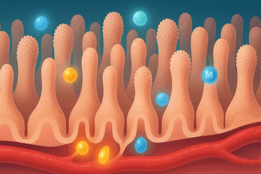 Diagram of nutrient absorption in the small intestine, showing villi processing glowing particles of iron, B12, and magnesium—key to understanding how do you know if probiotics are working