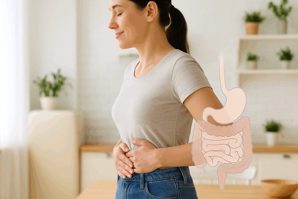 Woman smiling in a sunlit kitchen while holding her stomach, illustrating how do you know if probiotics are working through visible digestive comfort.