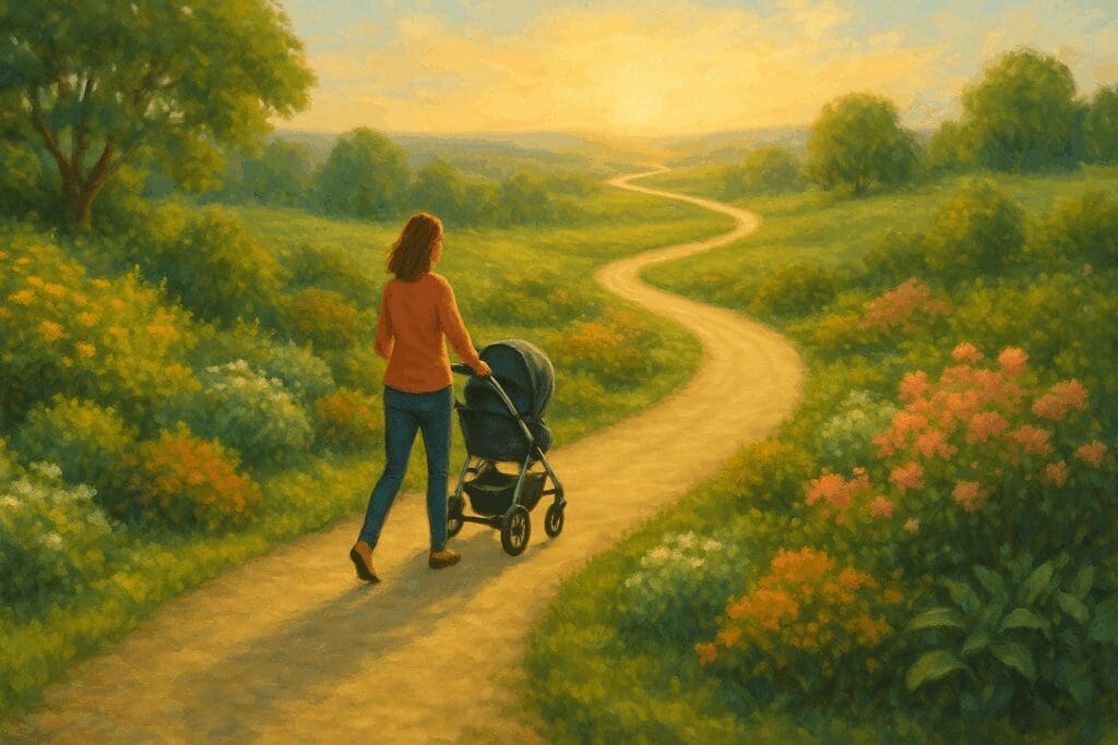 Woman walking confidently with a stroller along a winding garden path under soft sunlight, symbolizing recovery from zoloft for postpartum anxiety