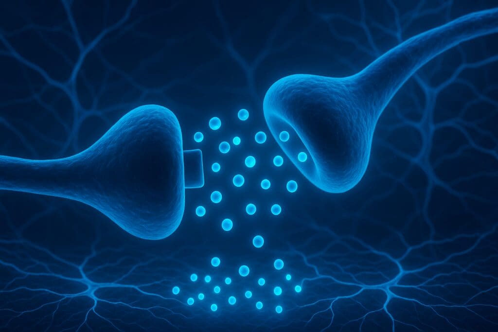 Scientific diagram of serotonin transmission between neurons, showing how zoloft for postpartum anxiety blocks reuptake to restore balance.