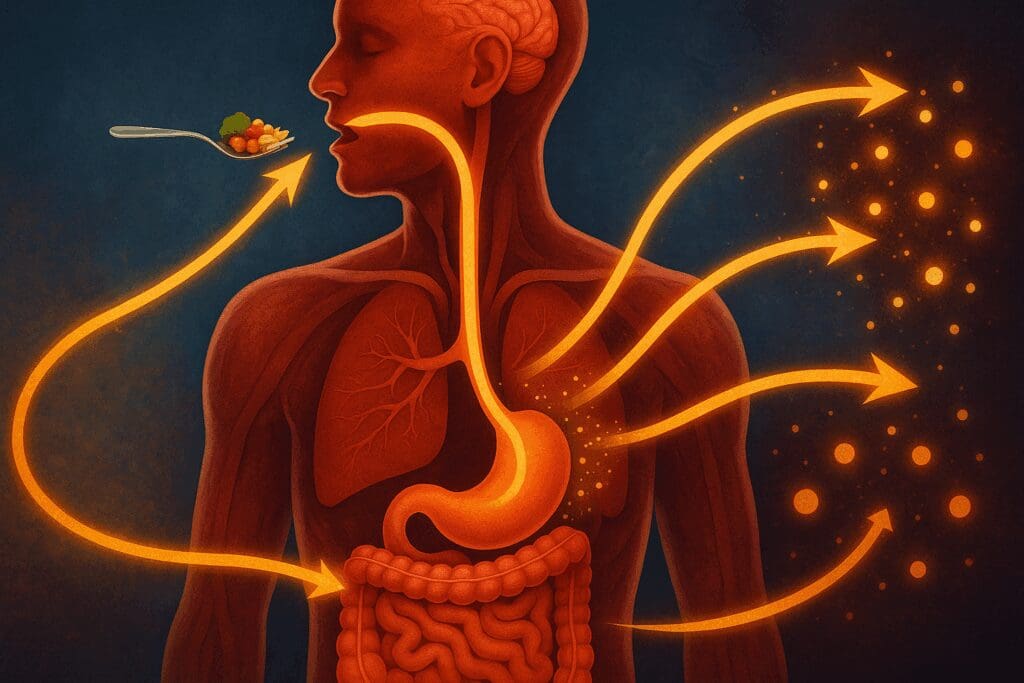 Human body cutaway showing digestive system with glowing arrows transporting nutrients, illustrating the nutrition definition process