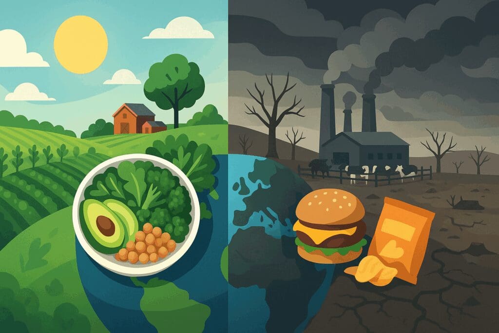 Split-screen illustration showing the nutrition definition with one side featuring plant-based farming and healthy meals, the other showing pollution from industrial meat production.