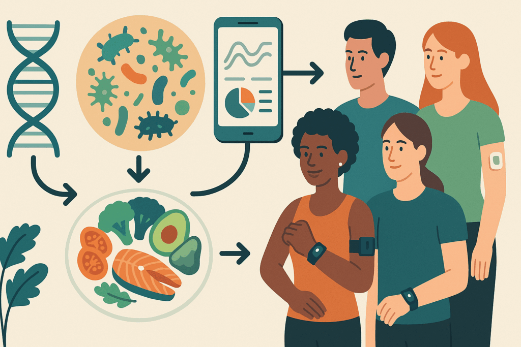 Diagram illustrating the nutrition definition through DNA, gut microbiome, personalized meal planning, mobile health data, and diverse individuals with wearables