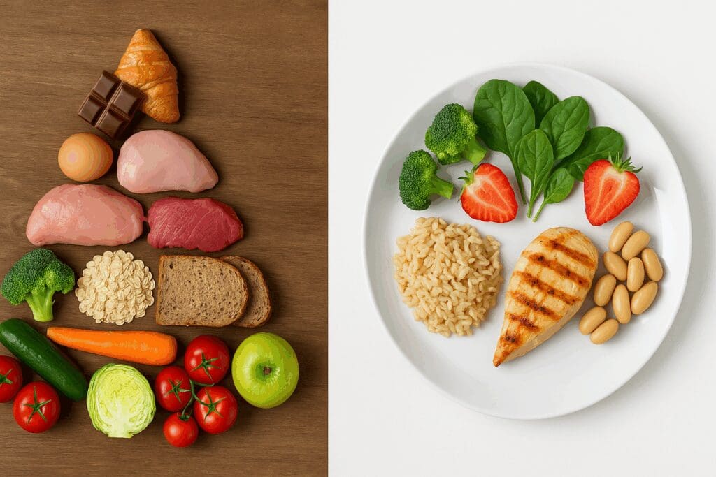 Side-by-side visual comparing a traditional food pyramid and a MyPlate-style plate, illustrating changes in U.S. dietary guidelines for balanced nutrition.