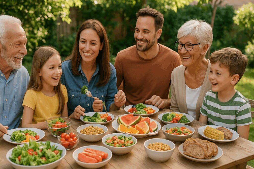 Multi-generational family enjoying an outdoor meal in a garden setting, sharing colorful dishes that promote balanced nutrition.