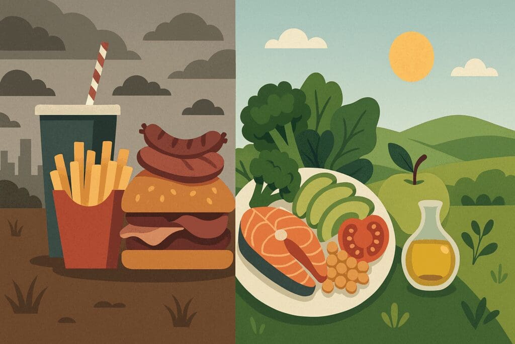 Split-screen illustration showing unhealthy fast food on one side and whole foods on the other, promoting balanced nutrition