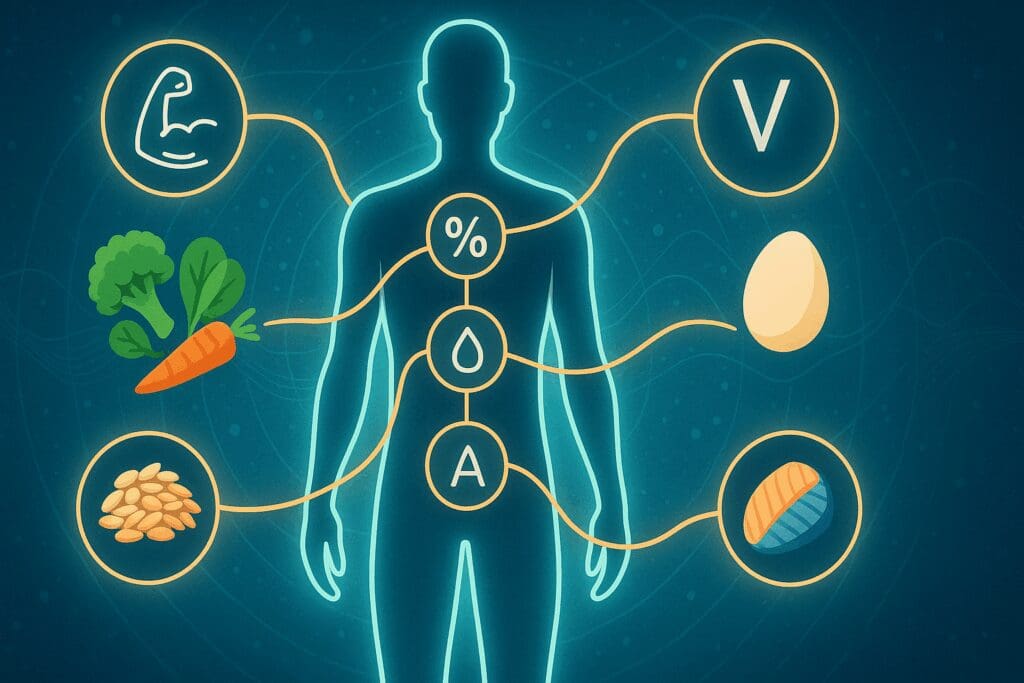 Human silhouette with icons linking nutrients like protein, vitamins, and carbs to foods such as vegetables, eggs, and fish, illustrating nutritional daily requirements.
