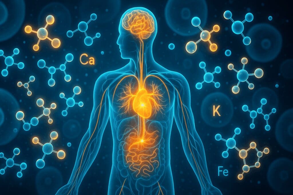 Conceptual medical illustration showing a glowing human figure absorbing nutrients at the cellular level, symbolizing what are the 2 categories of nutrients.