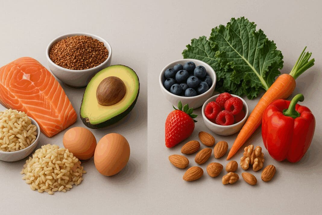 Salmon, eggs, quinoa, and avocado on one side; berries, kale, carrots, and nuts on the other, illustrating what are the 2 categories of nutrients.