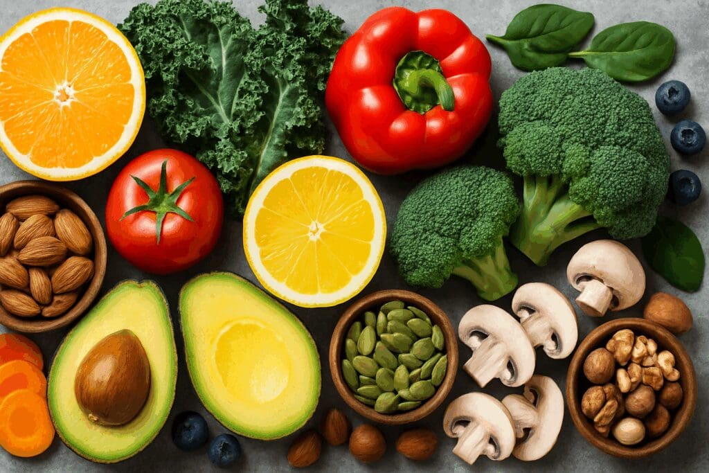 Colorful whole foods showing what are the 2 categories of nutrients: fruits, vegetables, seeds, and nuts.