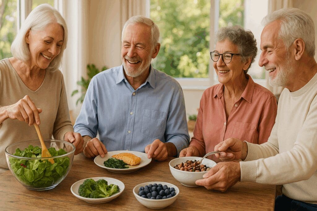 Older adults enjoying a vibrant, nutrient-rich meal together, illustrating why is nutrition important for healthy aging and vitality.