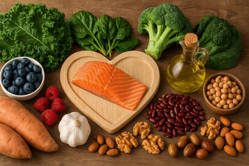 Anti-inflammatory foods like salmon, leafy greens, berries, nuts, and olive oil arranged on a heart-shaped board to promote cardiovascular health and support healthcare for women.