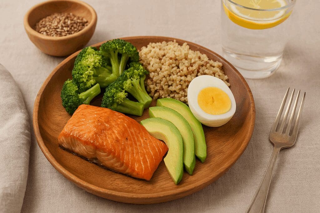Hormone-supportive meal a woman eat daily with wild salmon, broccoli, avocado, quinoa, flaxseed, and lemon water.