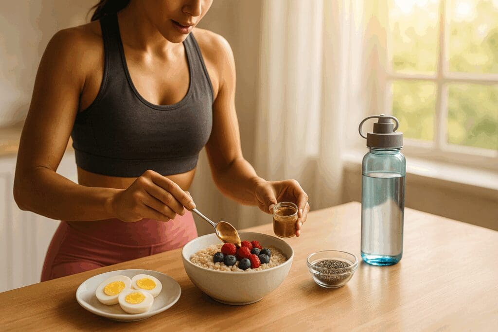 Woman eat nutritious breakfast with oatmeal, berries, nut butter, chia seeds, eggs, and water in morning sunlight.