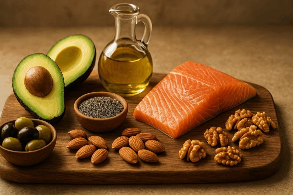 Healthy fats a woman eat daily—avocado, olive oil, wild salmon, nuts, seeds, and olives on a wooden board.