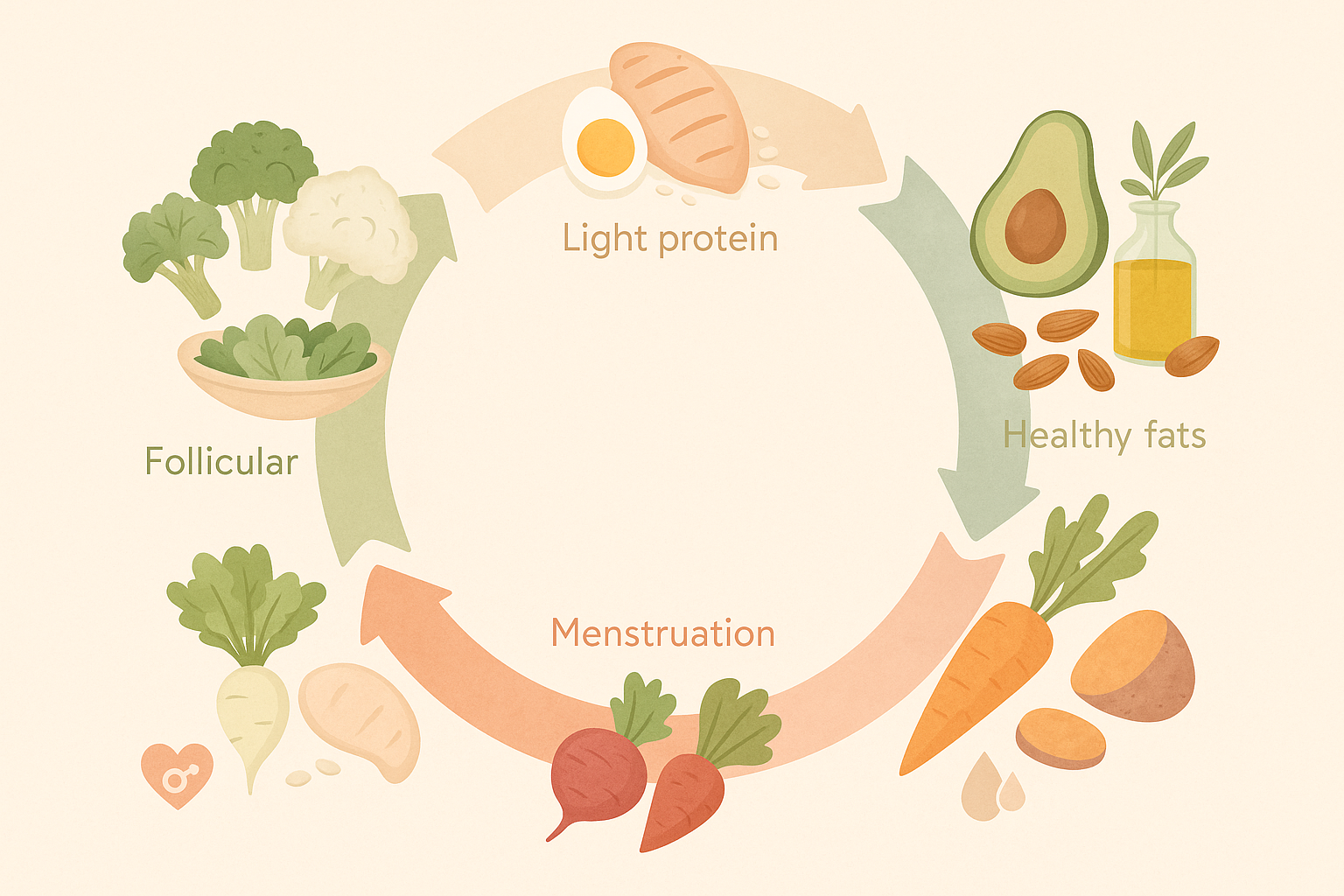 Cyclical infographic showing four menstrual phases with foods and icons illustrating womens daily nutritional needs during reproductive years