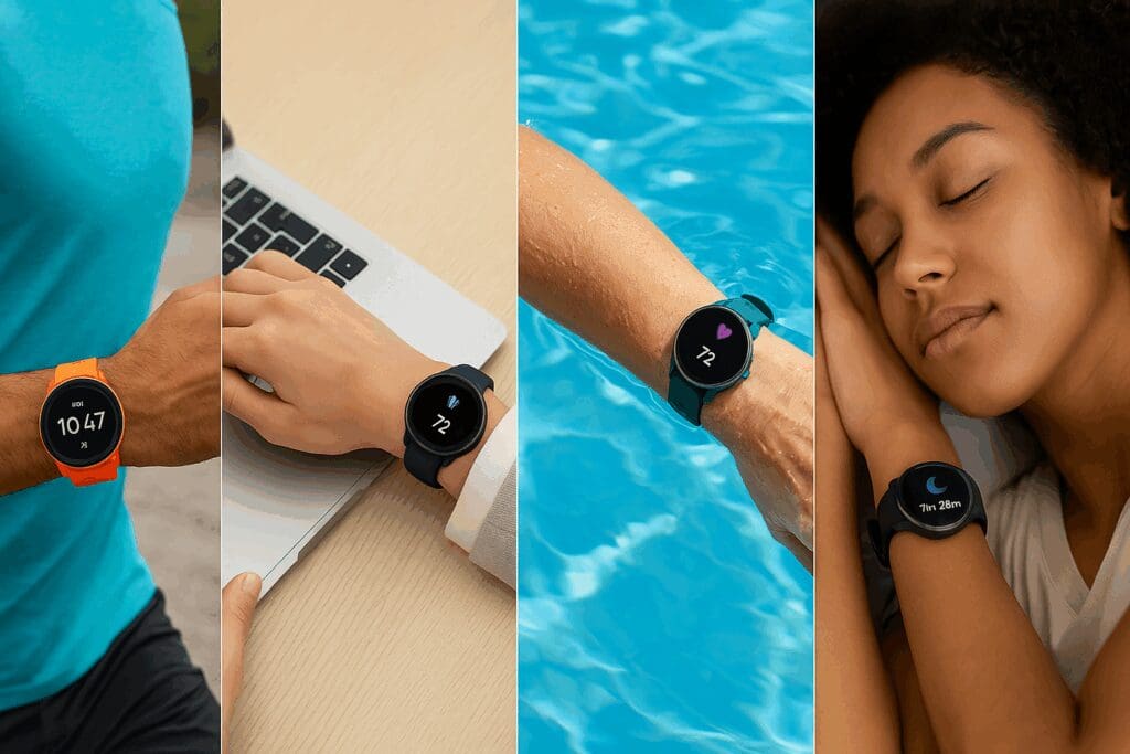 Diverse wrists wearing the best fitness watch models during running, office work, swimming, and sleep tracking.