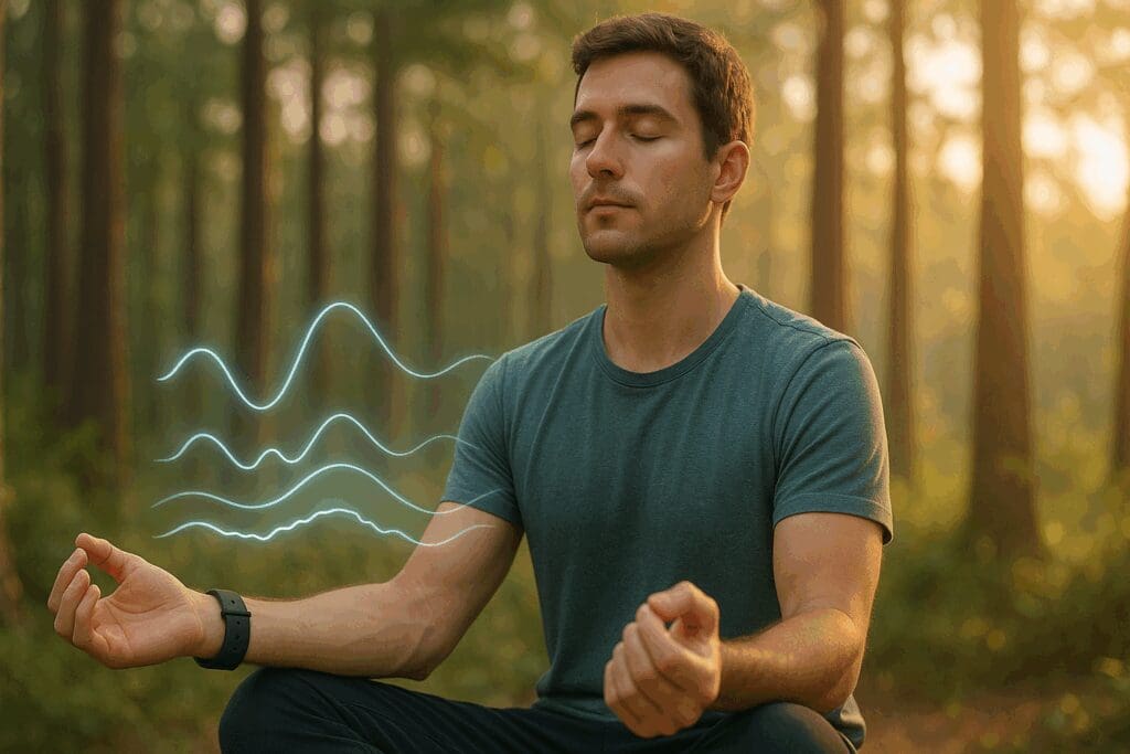 Man meditating in a forest using the best fitness watch with calming biometric visuals for stress relief