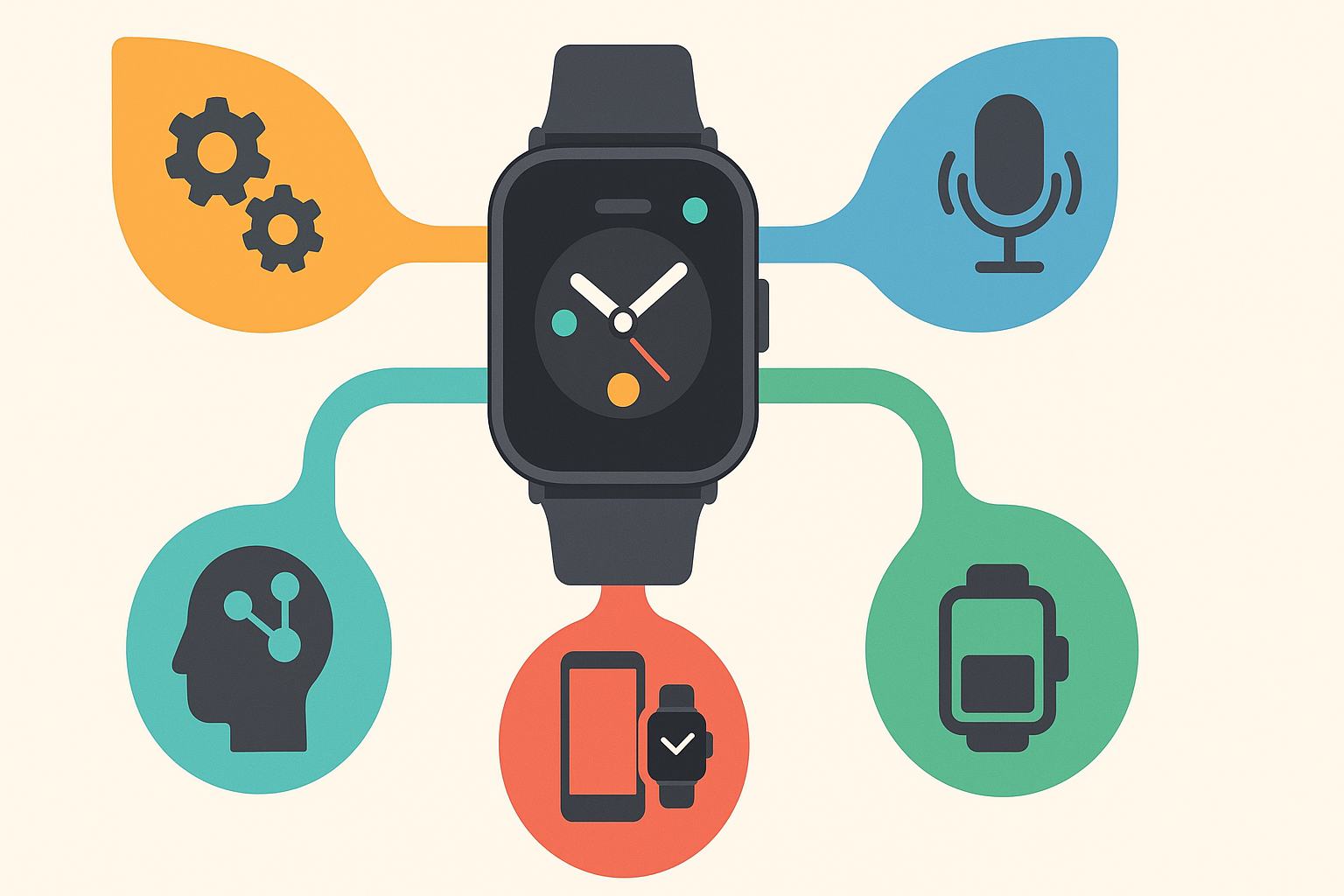 Infographic showing the best app for smart watches in Android, with a central smartwatch and abstract icons for integration, voice control, battery, UI, and intelligence.