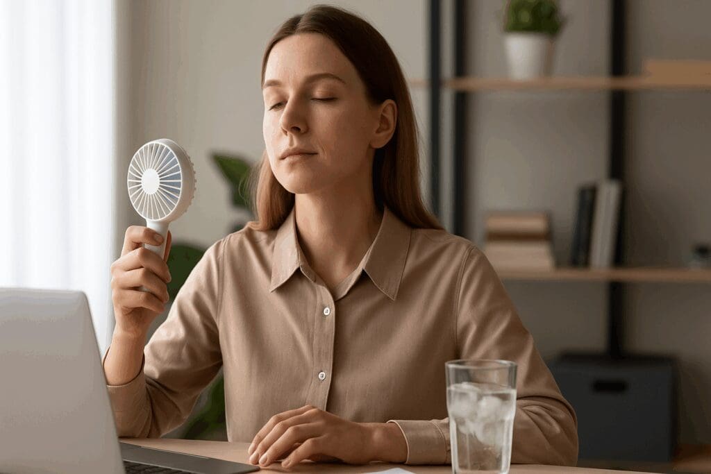 Woman using a personal cooling fan at her desk with ice water nearby, illustrating how to stop thyroid hot flashes naturally at work