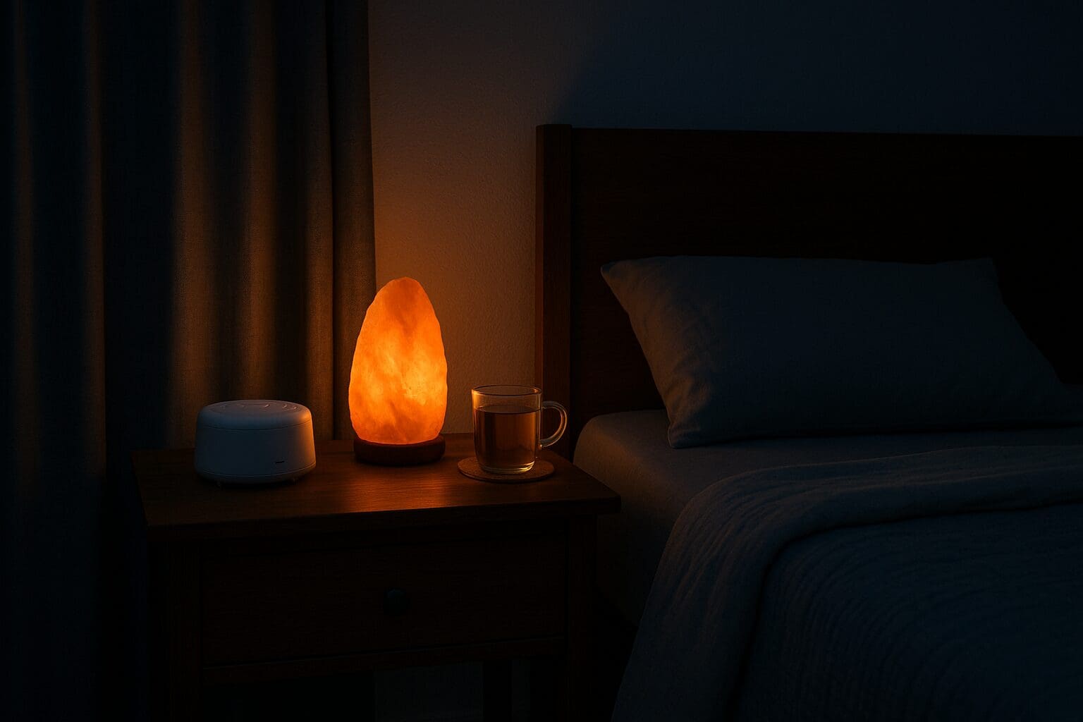 Cozy bedroom with blackout curtains, Himalayan salt lamp, herbal tea, and white noise machine promoting sleep wellness for how to stop thyroid hot flashes
