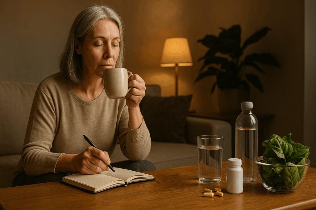 Middle-aged woman practicing mindfulness with herbal tea, journal, and healthy foods—promoting alternatives for perimenopause and alcohol balance.