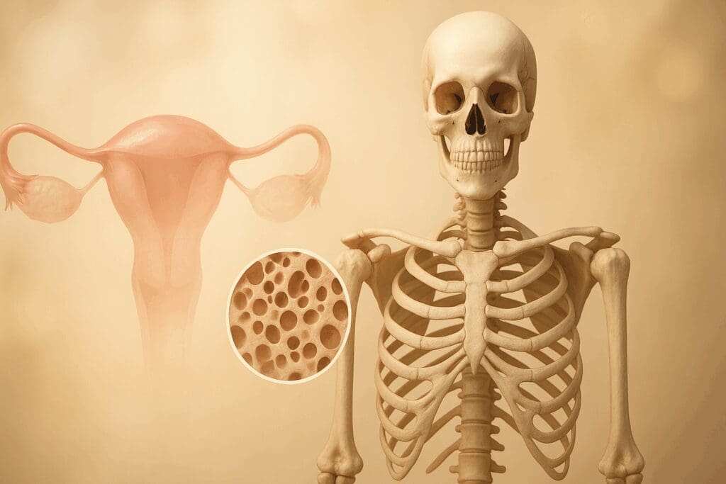 Medical illustration showing weak bones and missing ovaries after hysterectomy, visualizing how to prevent osteoporosis after hysterectomy