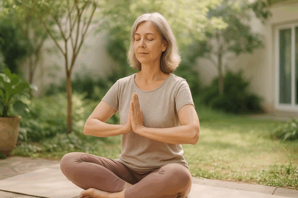 Middle-aged woman practicing mindfulness yoga in a serene garden, promoting calm and balance—key to how to prevent osteoporosis after hysterectomy.