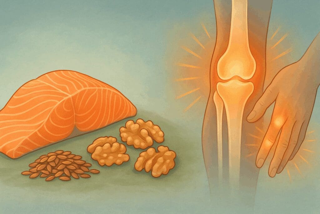 Salmon, flaxseeds, and walnuts next to glowing knee and finger joints, illustrating the best vitamin for bones and joints.
