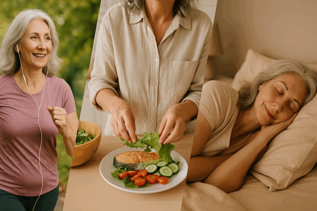 Woman managing menopause mood swings treatment through exercise, healthy eating with salmon and greens, and restful sleep in a serene bedroom.