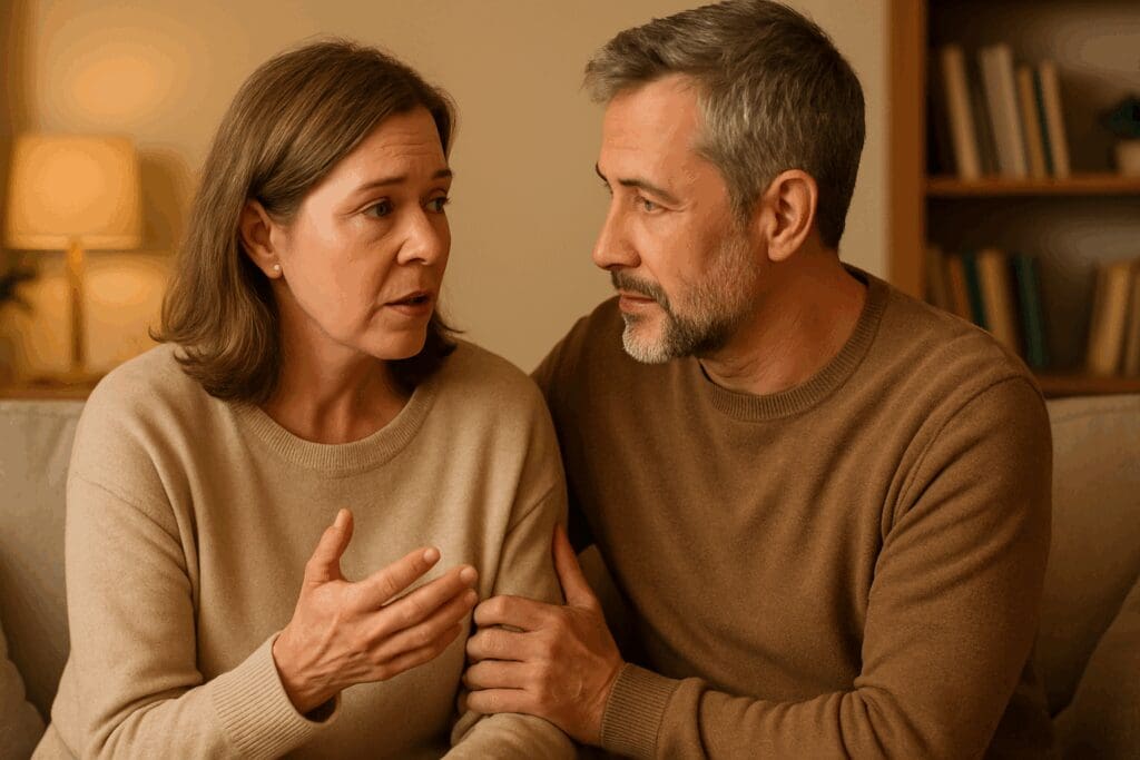 Middle-aged woman talking with her partner in a warm, supportive living room setting, highlighting emotional support in menopause mood swings treatment.