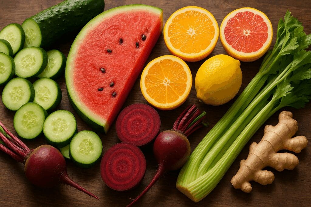 Fresh foods that help vaginal dryness, including cucumber, watermelon, citrus fruits, beets, celery, and ginger on a rustic wood surface