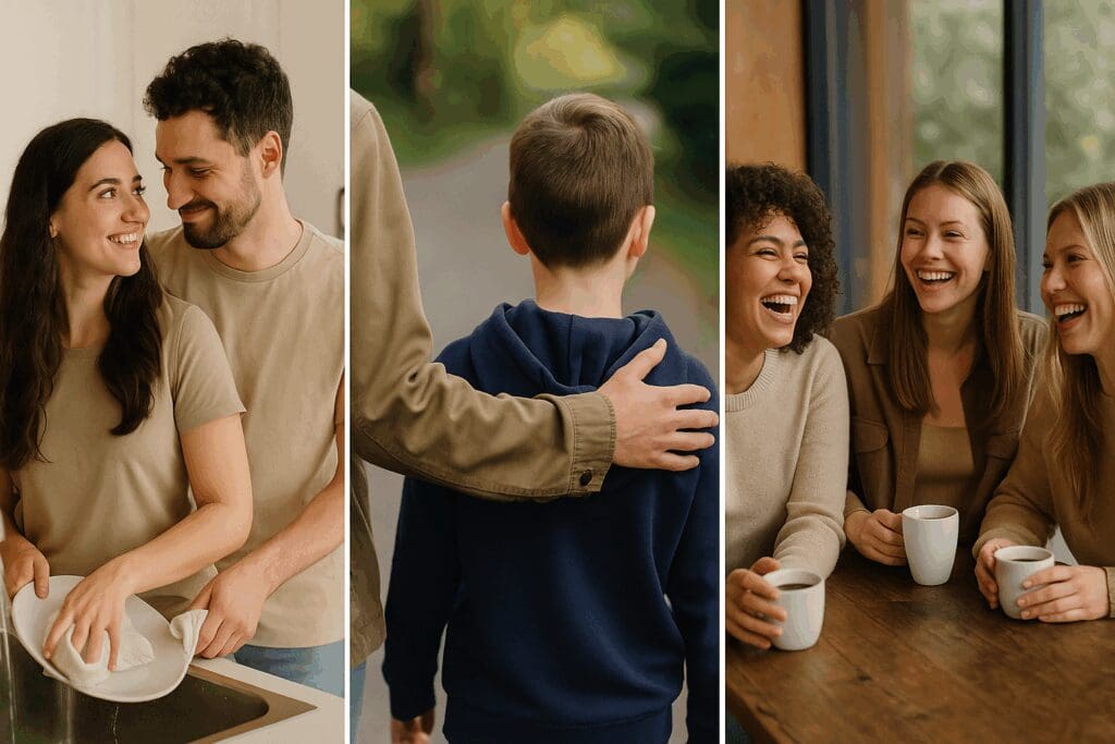 Three candid scenes showing everyday forms of affection—a couple sharing a glance while doing dishes, a parent comforting a child during a walk, and friends laughing over coffee.