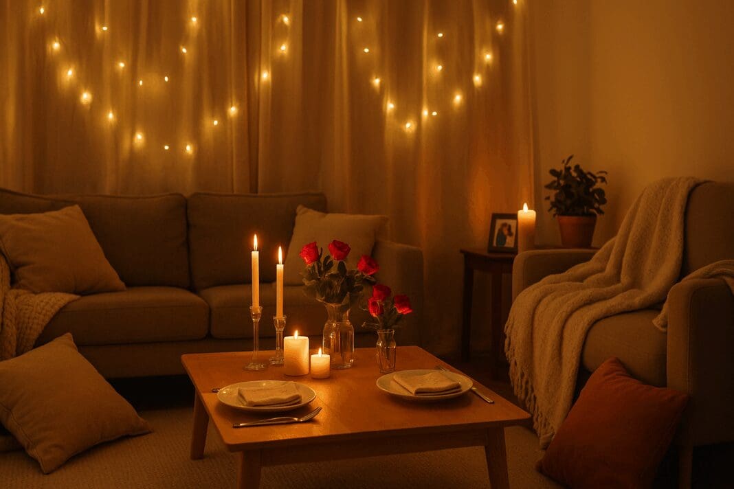 Romantic at home date ideas setup with candlelit dinner, fairy lights, fresh roses, and cozy blankets in a warmly lit living room