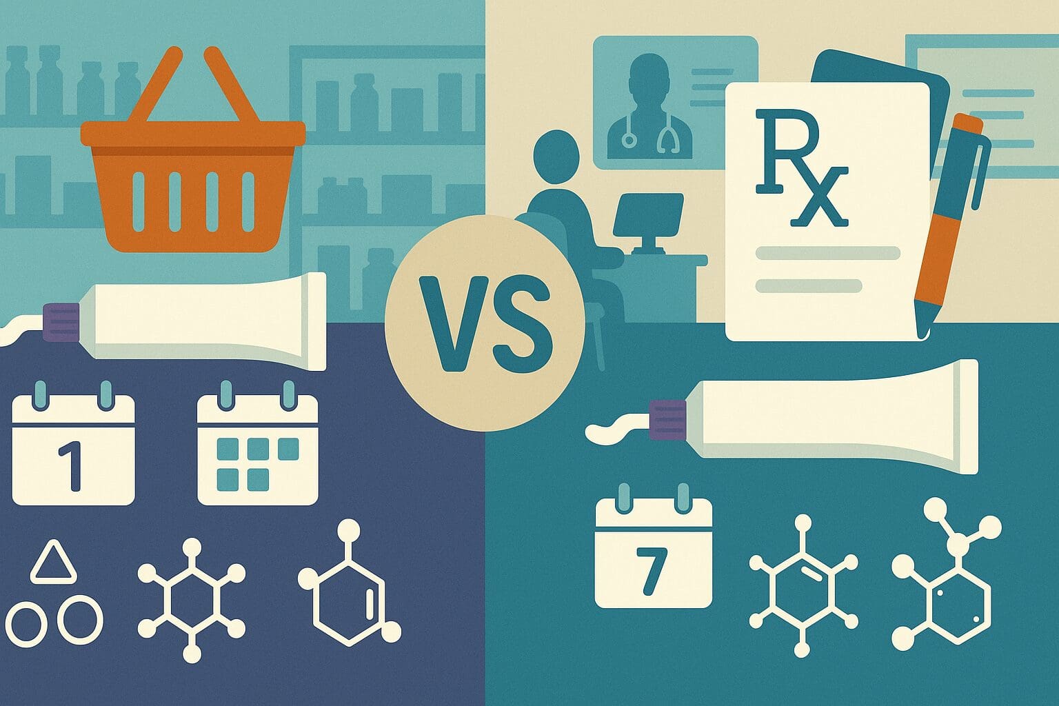 Infographic comparing over-the-counter and prescription anti fungal vaginal cream options with visuals of treatment duration, ingredients, and access points