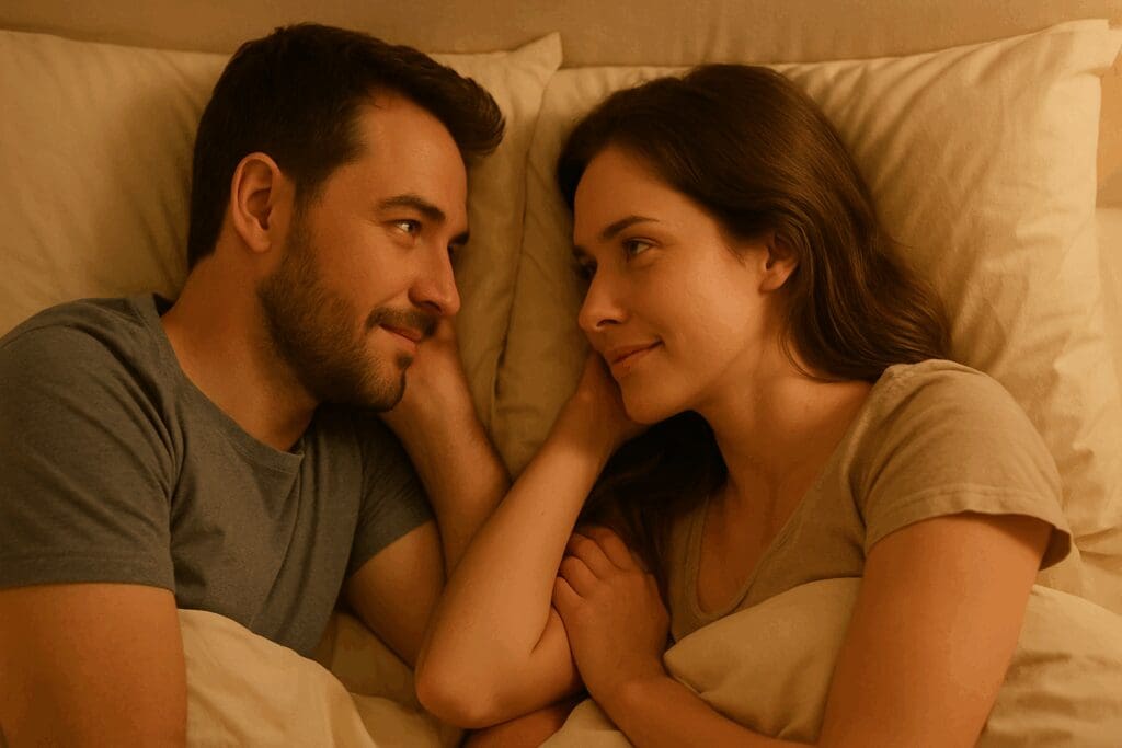 Couple lying in bed facing each other with soft lighting, suggesting intimacy and communication in a relationship exploring can a woman cause erectile dysfunction.