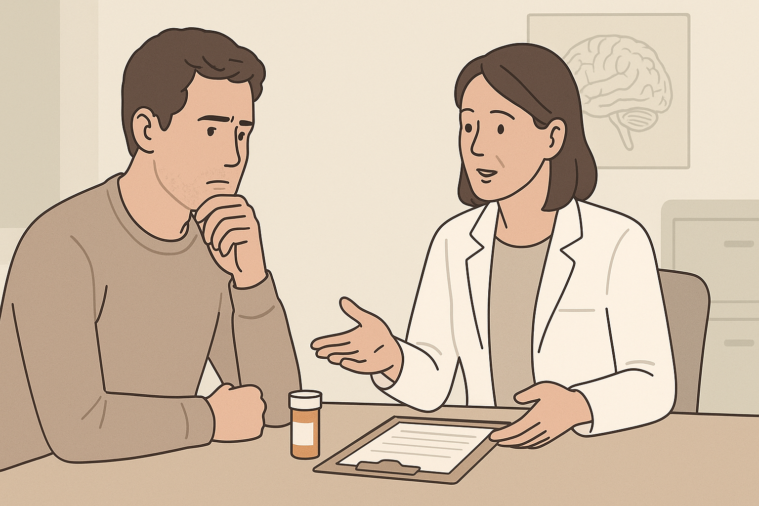 Male patient discussing buspirone side effects sexually male with a doctor during a clinical consultation, prescription bottle and brain diagram in background.