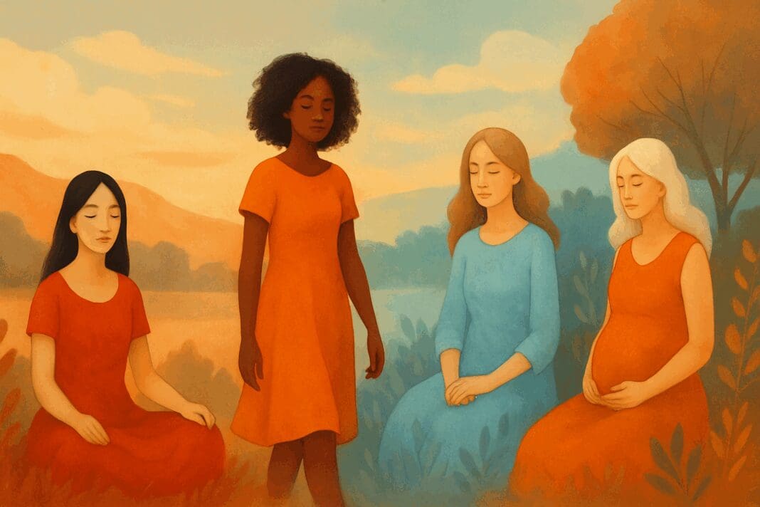 Diverse group of women symbolizing menstrual phases in nature, representing how can your period date change every month