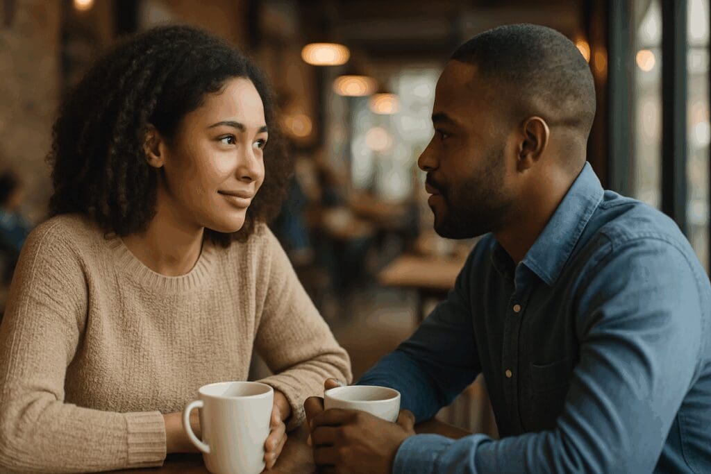 A couple practicing how to make a relationship work through active listening at a cozy café, seated face to face with caring expressions.