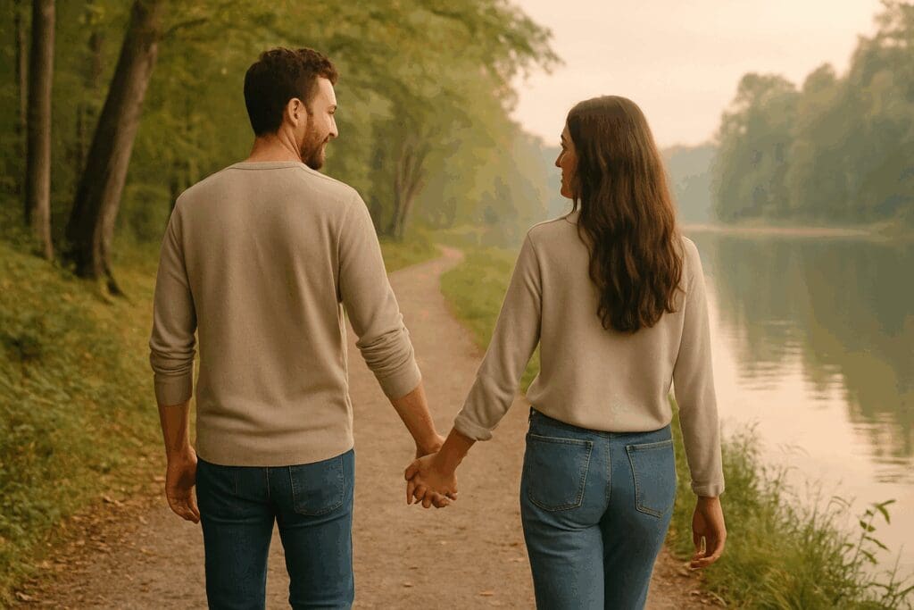 Couple holding hands on a peaceful lakeside trail during a nature walk, showing how to make a relationship work through quality time