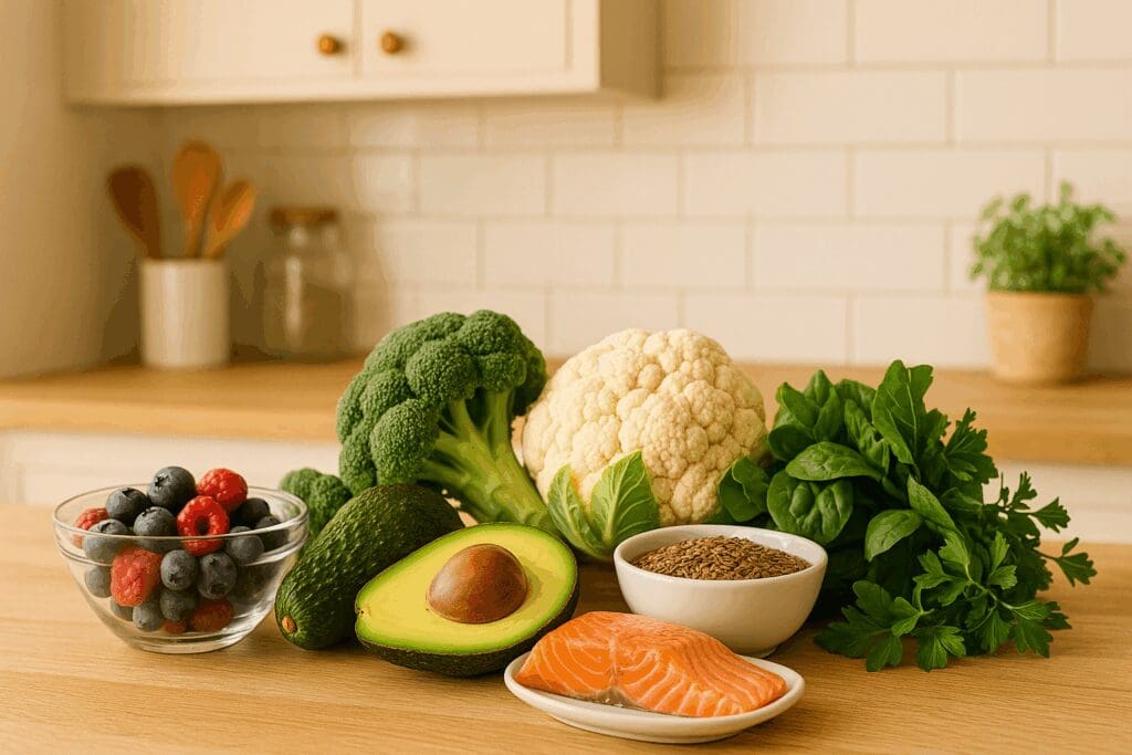 Hormone-supportive foods like avocado, fatty fish, berries, flaxseeds, and leafy greens on a modern kitchen counter, illustrating top diets for women.