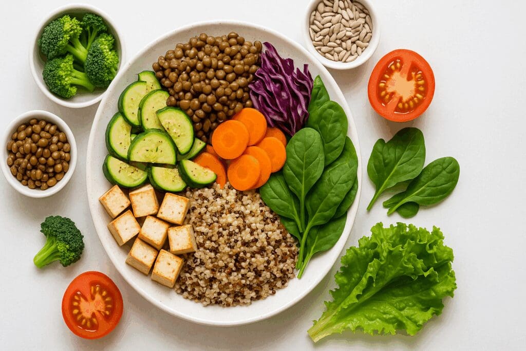 Balanced vegan meal featuring tofu, lentils, quinoa, and colorful vegetables—ideal for top diets for women focused on plant-based nutrition.